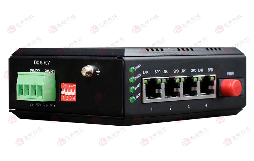 飛暢科技-mini工業(yè)軌式 4路百兆(物理隔離，總帶寬100M)轉(zhuǎn)1路百兆光